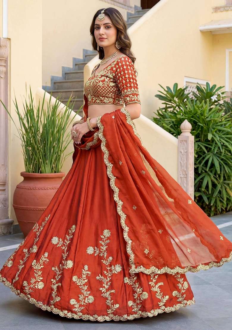 Orange Embroidery Silk Blend Lehenga Set for Diwali and Festive Wear - Indya
