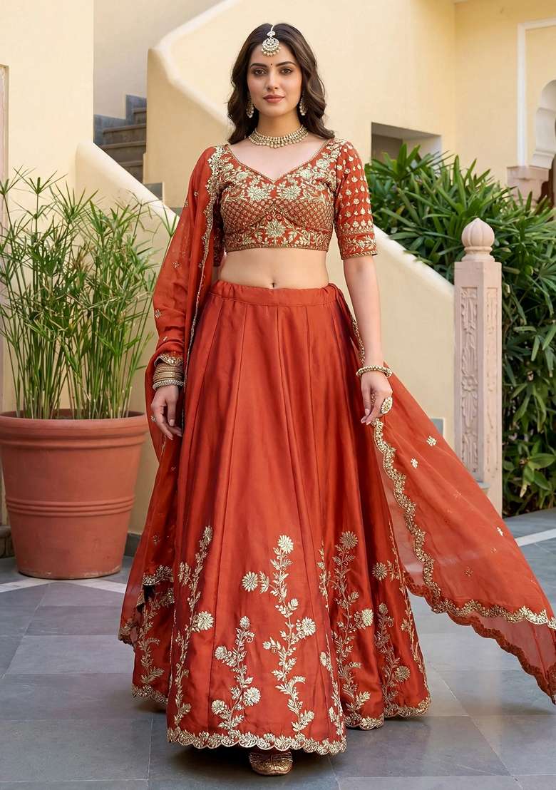 Orange Embroidery Silk Blend Lehenga Set for Diwali and Festive Wear - Indya