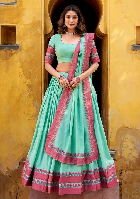 Blue Embroidery Silk Lehenga Set — view on Indya