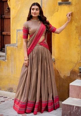 Beige Embroidery Silk Lehenga Set