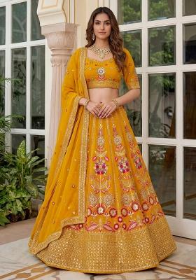 Yellow Sequins Georgette Lehenga Set