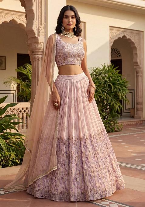 Peach Floral Print Georgette Lehenga Set