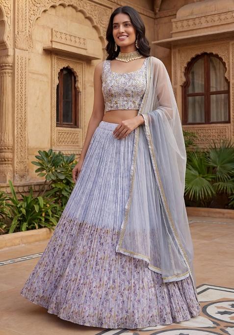 Blue Floral Print Georgette Lehenga Set