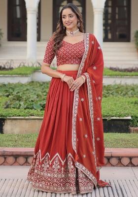 Red Embroidery Silk Lehenga Set