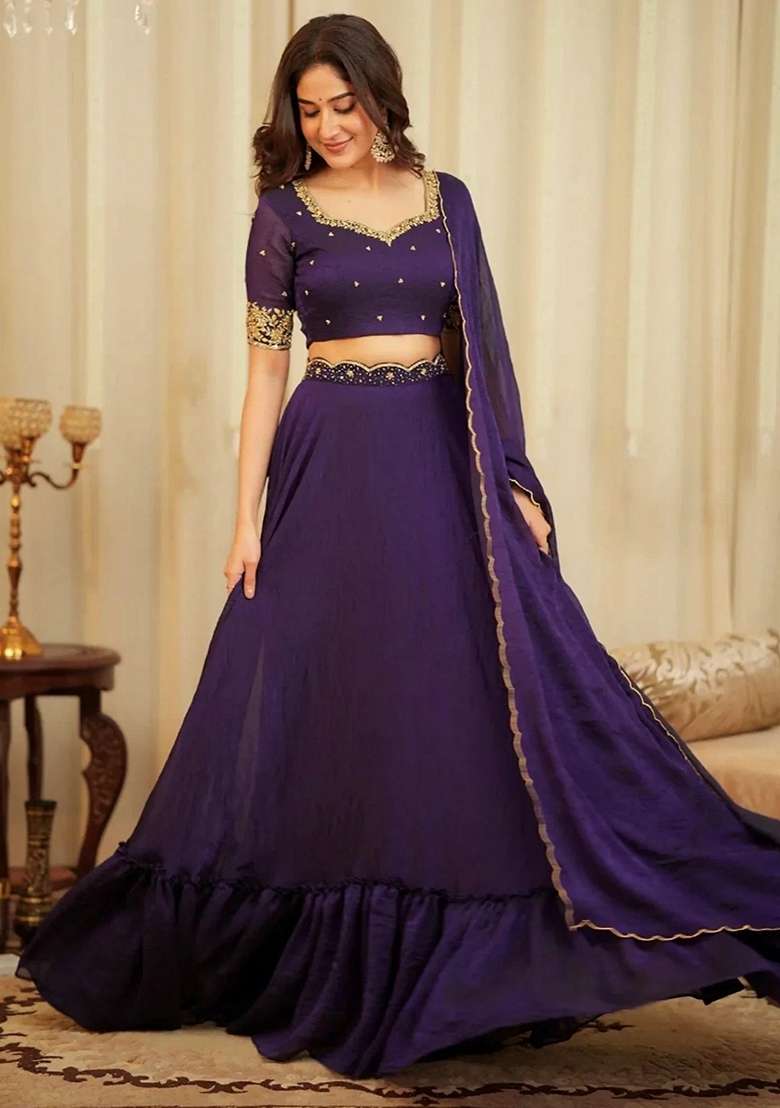 Purple Sequins Silk Blend Lehenga Set for Diwali and Festive Wear - Indya