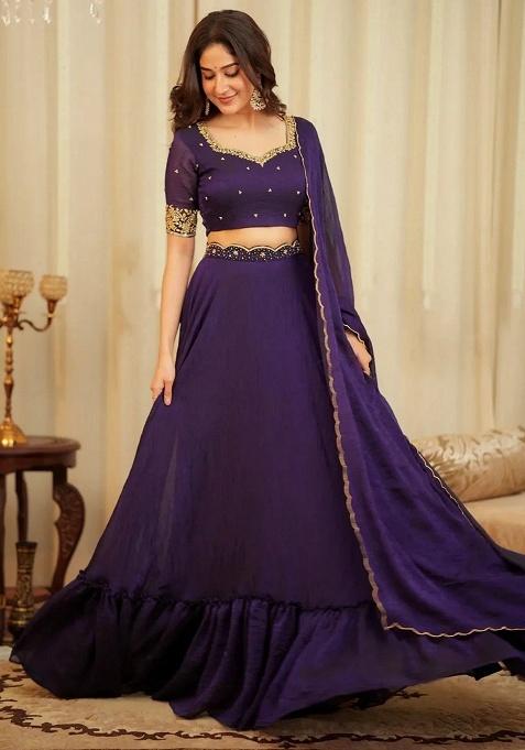 Purple Sequins Silk Lehenga Set — view on Indya