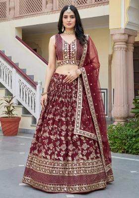 Maroon Embroidery Silk Lehenga Set