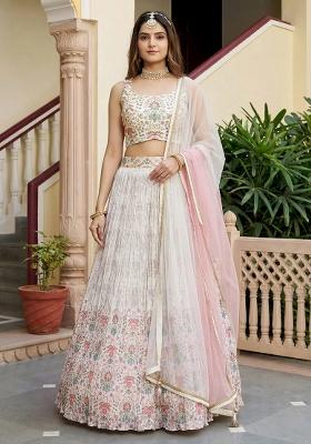 Off White Printed Georgette Lehenga Set