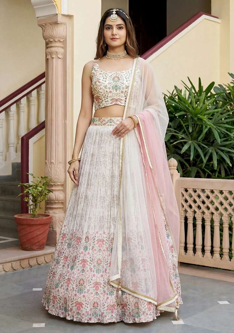 Off White Georgette Lehenga Set with Printed for Diwali | Wedding & Festive Wear - Indya