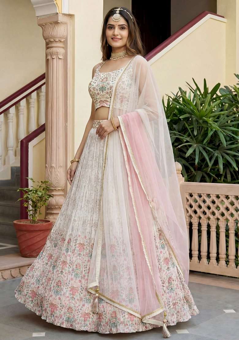 Off White Georgette Lehenga Set with Printed for Diwali | Wedding & Festive Wear - Indya