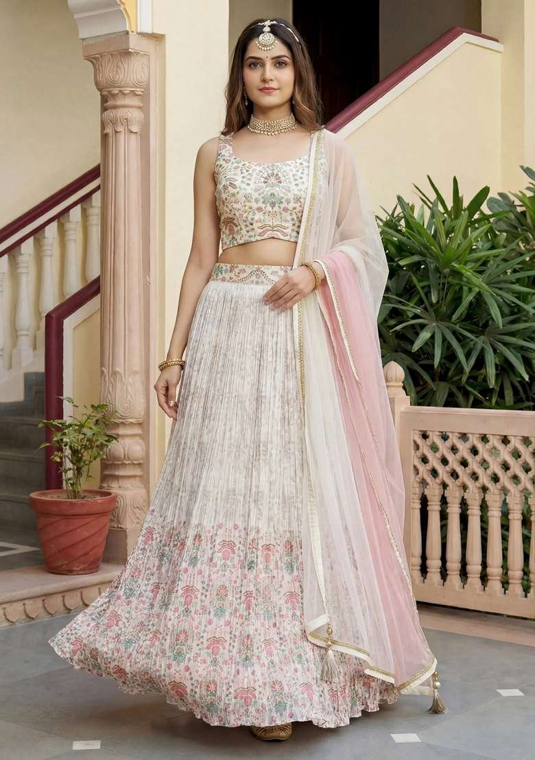 Off White Georgette Lehenga Set with Printed for Diwali | Wedding & Festive Wear - Indya