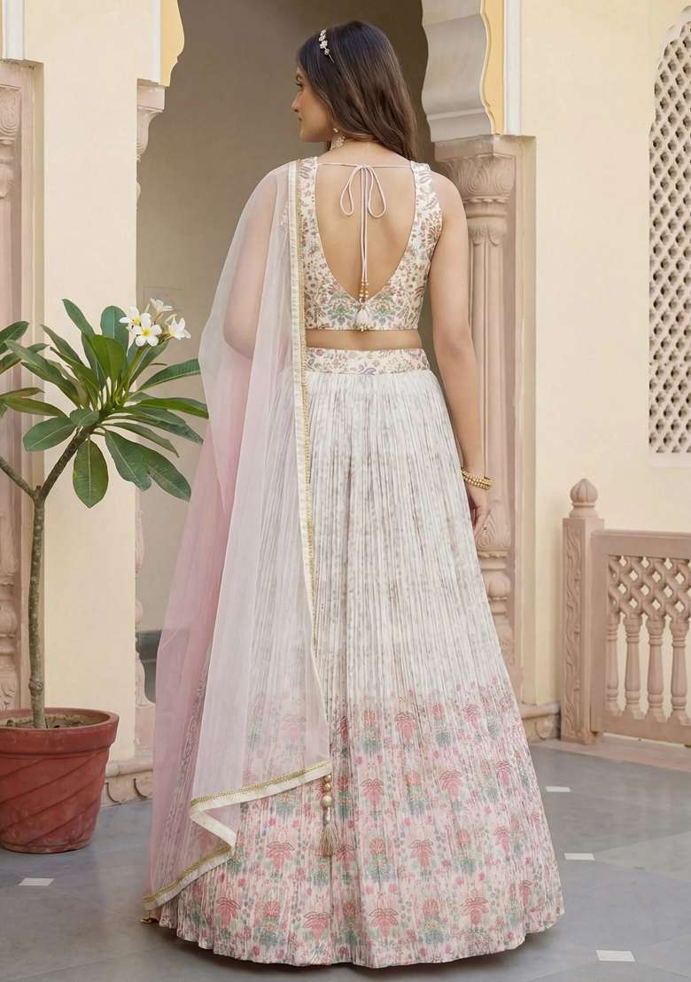 Off White Georgette Lehenga Set with Printed for Diwali | Wedding & Festive Wear - Indya
