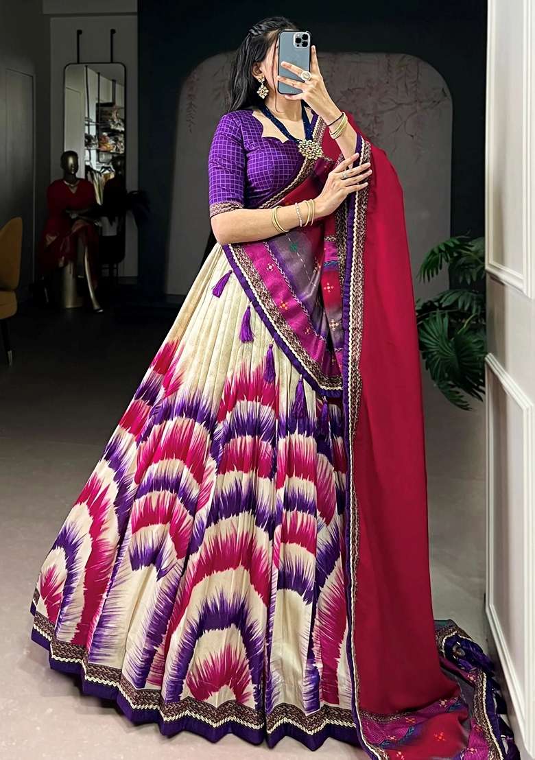 Purple Printed Silk Blend Lehenga Set for Diwali and Festive Wear - Indya