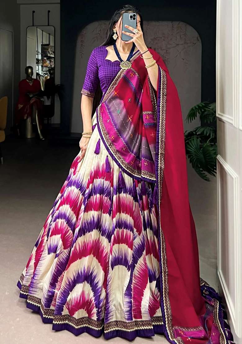 Purple Printed Silk Blend Lehenga Set for Diwali and Festive Wear - Indya