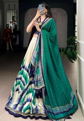 Blue Printed Silk Blend Lehenga Set