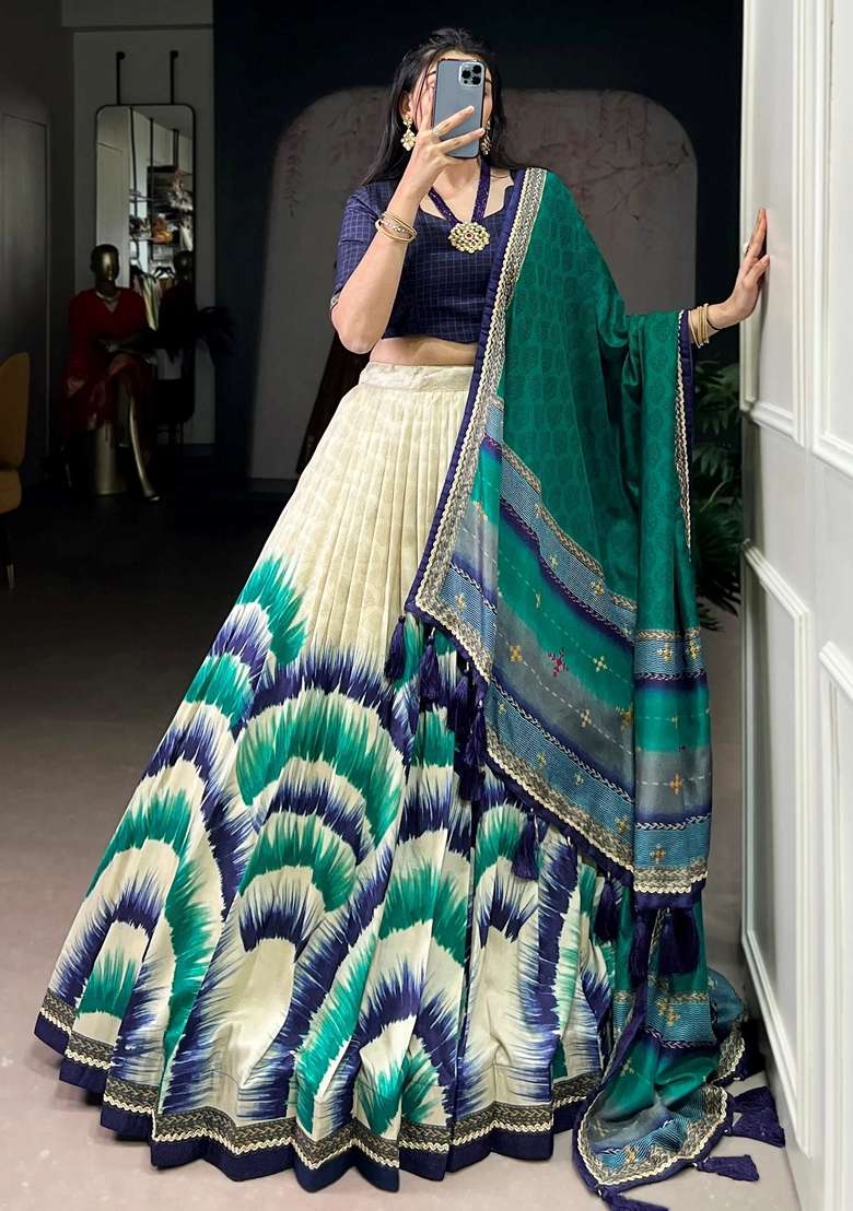 Blue Silk Blend Lehenga Set with Printed for Diwali | Wedding & Festive Wear - Indya