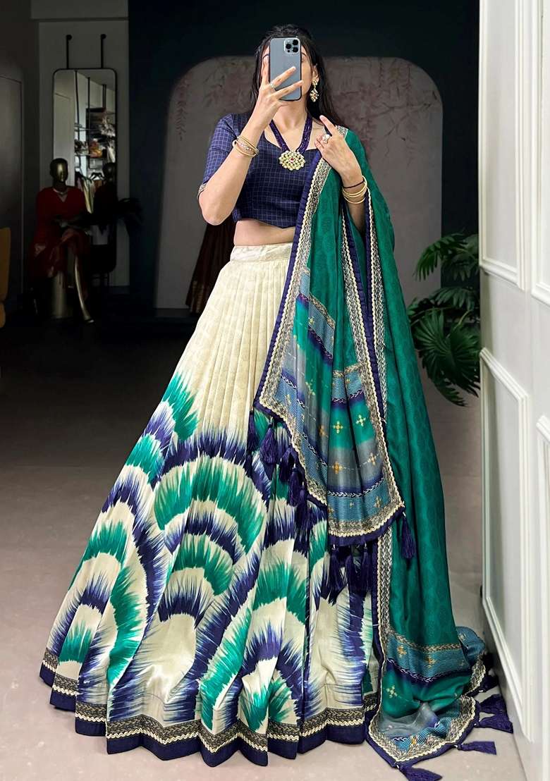 Blue Silk Blend Lehenga Set with Printed for Diwali | Wedding & Festive Wear - Indya