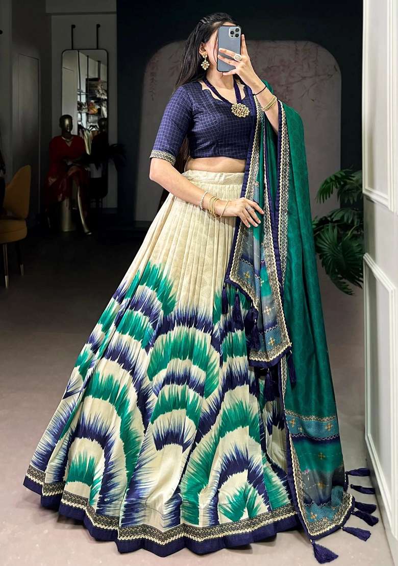 Blue Silk Blend Lehenga Set with Printed for Diwali | Wedding & Festive Wear - Indya