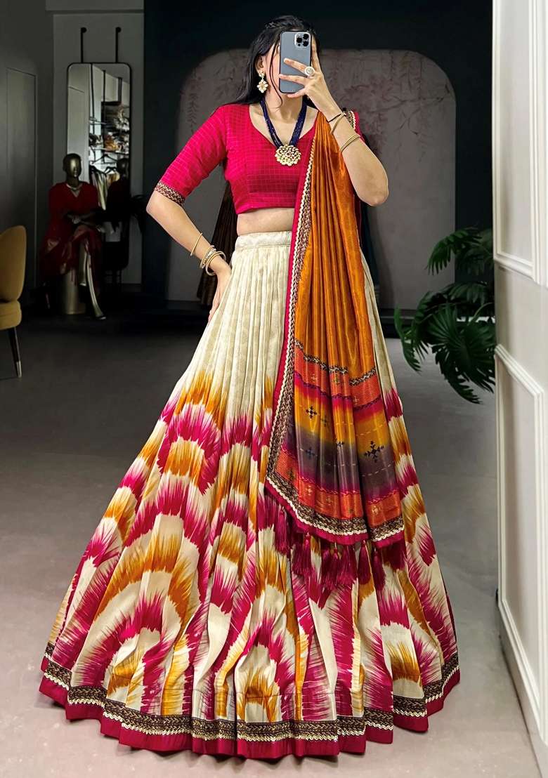 Pink Printed Silk Blend Lehenga Set for Diwali and Festive Wear - Indya