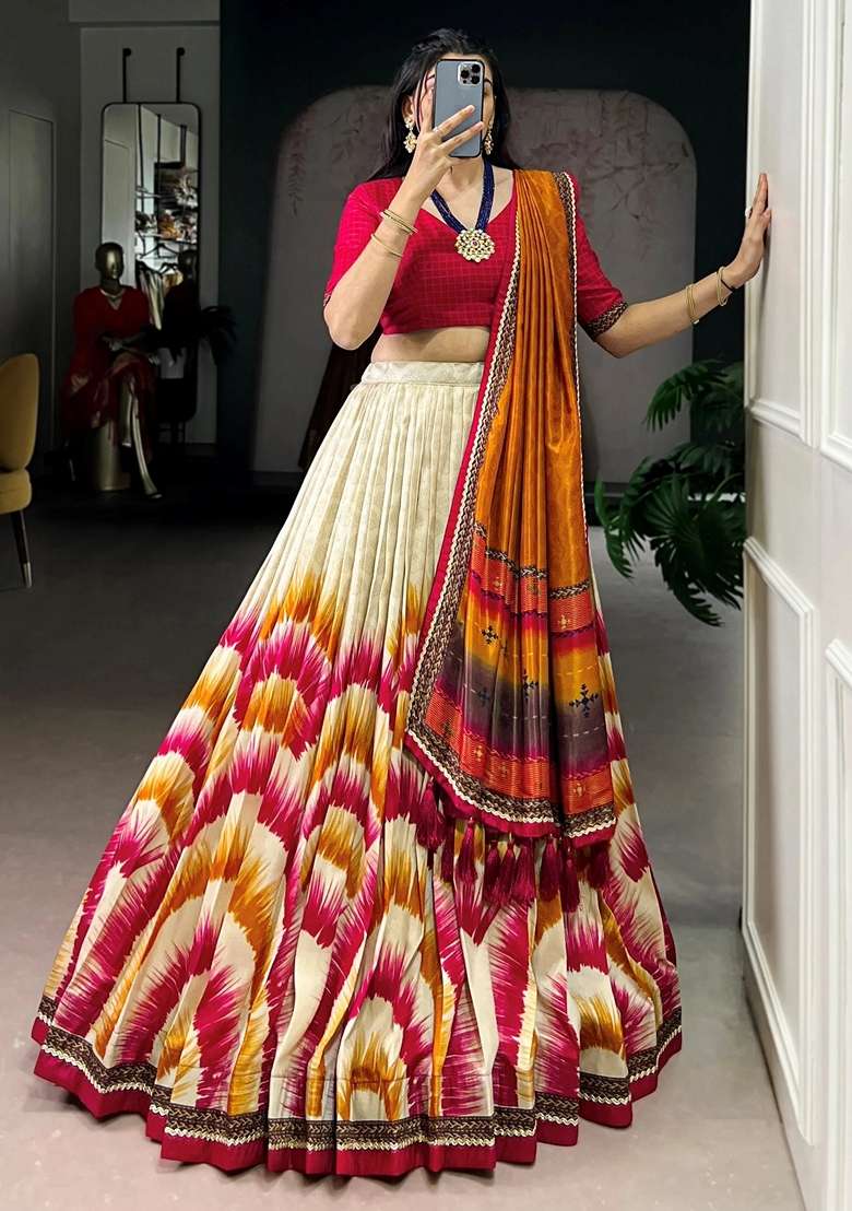 Pink Printed Silk Blend Lehenga Set for Diwali and Festive Wear - Indya