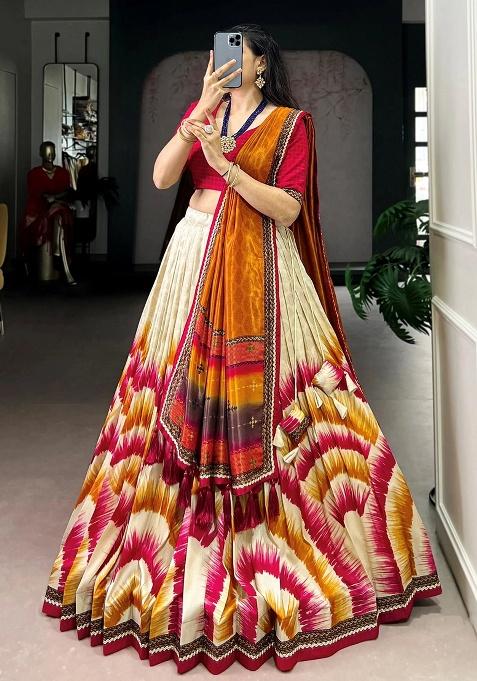 Pink Printed Silk Lehenga Set — view on Indya