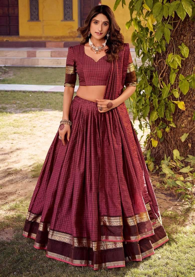 Maroon Zari Work Cotton Lehenga Set - Indya