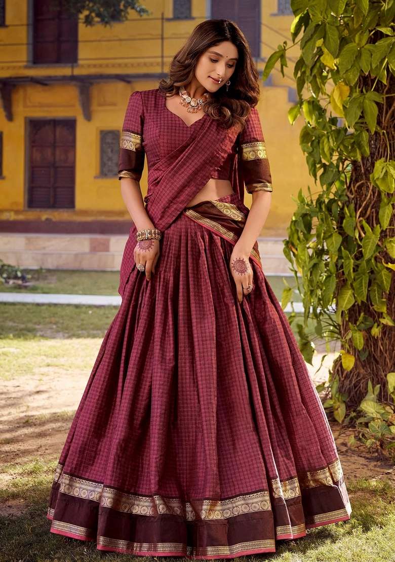 Maroon Zari Work Cotton Lehenga Set - Indya