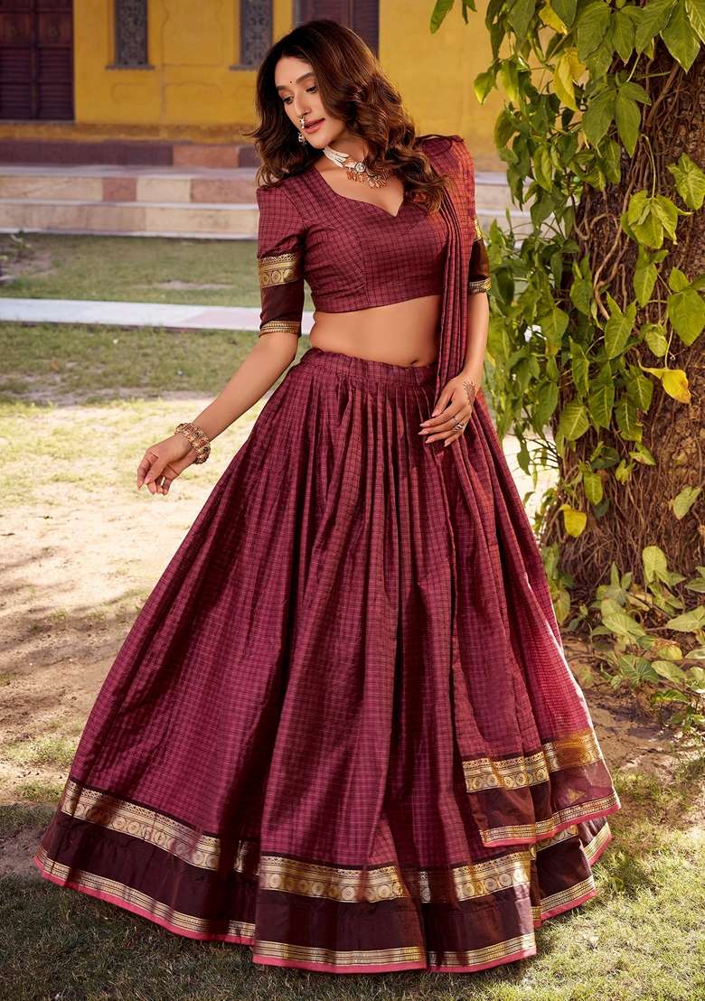 Maroon Zari Work Cotton Lehenga Set - Indya