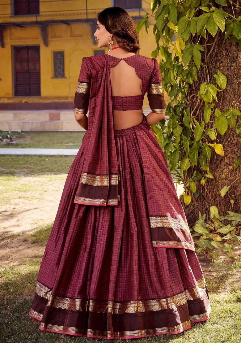 Maroon Zari Work Cotton Lehenga Set - Indya