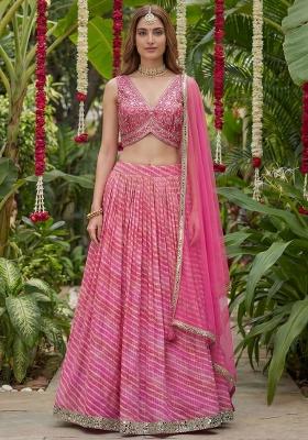 Pink Printed Organza Lehenga Set