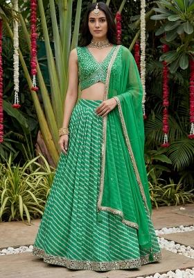 Green Printed Organza Lehenga Set