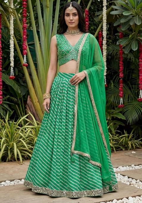 Green Printed Organza Lehenga Set — view on Indya