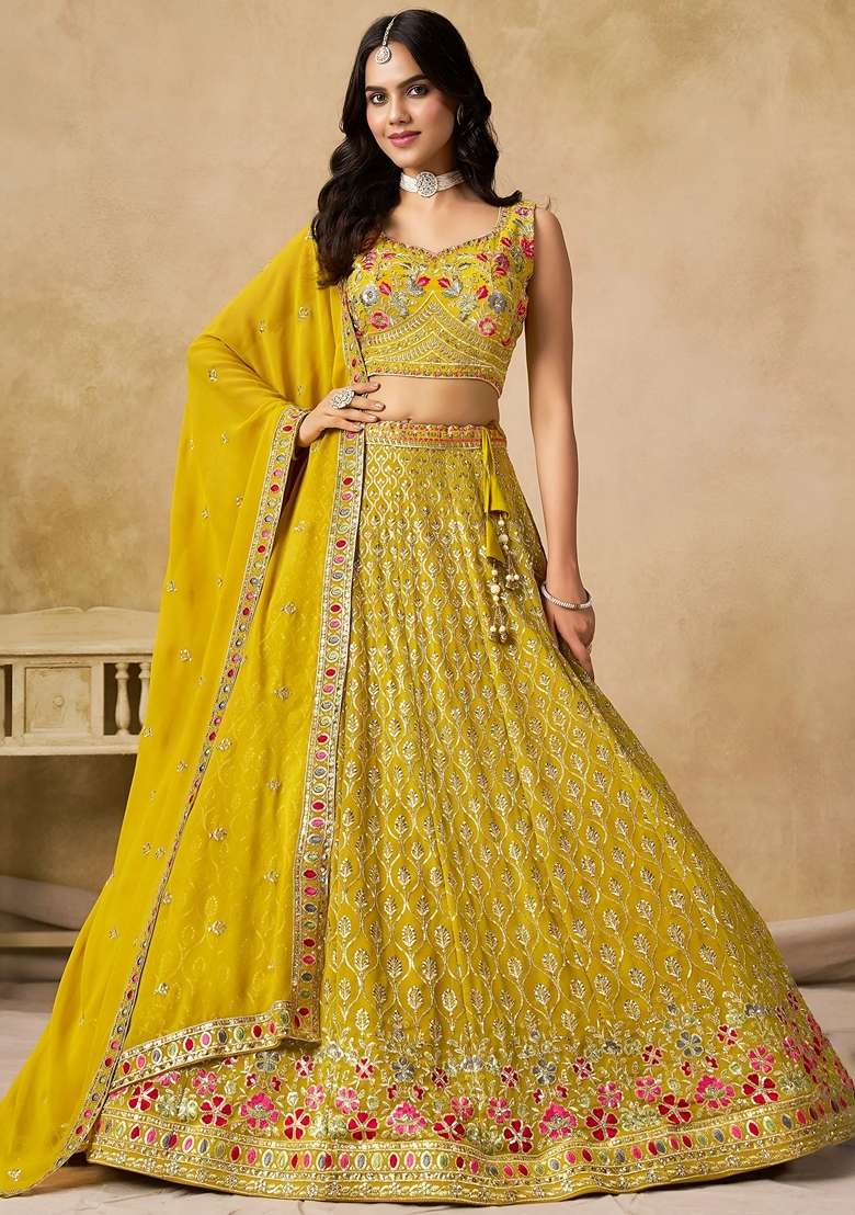 Yellow Georgette Lehenga Set with Sequins for Diwali | Wedding & Festive Wear - Indya