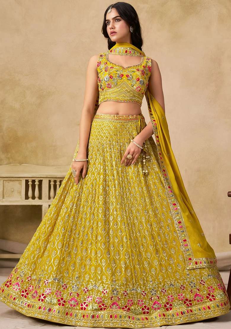 Yellow Georgette Lehenga Set with Sequins for Diwali | Wedding & Festive Wear - Indya