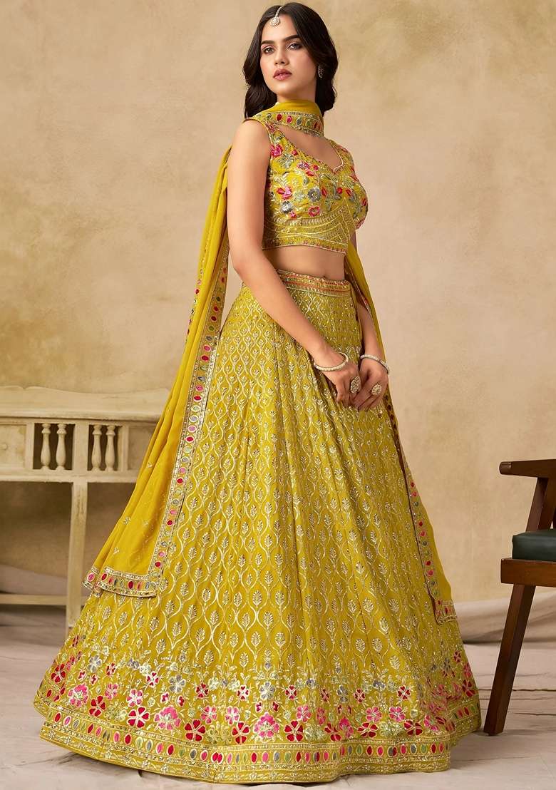 Yellow Georgette Lehenga Set with Sequins for Diwali | Wedding & Festive Wear - Indya