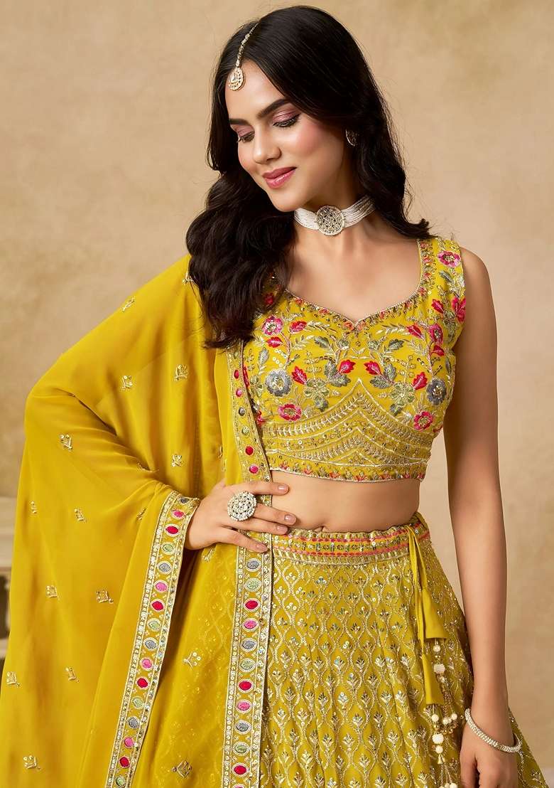 Yellow Georgette Lehenga Set with Sequins for Diwali | Wedding & Festive Wear - Indya