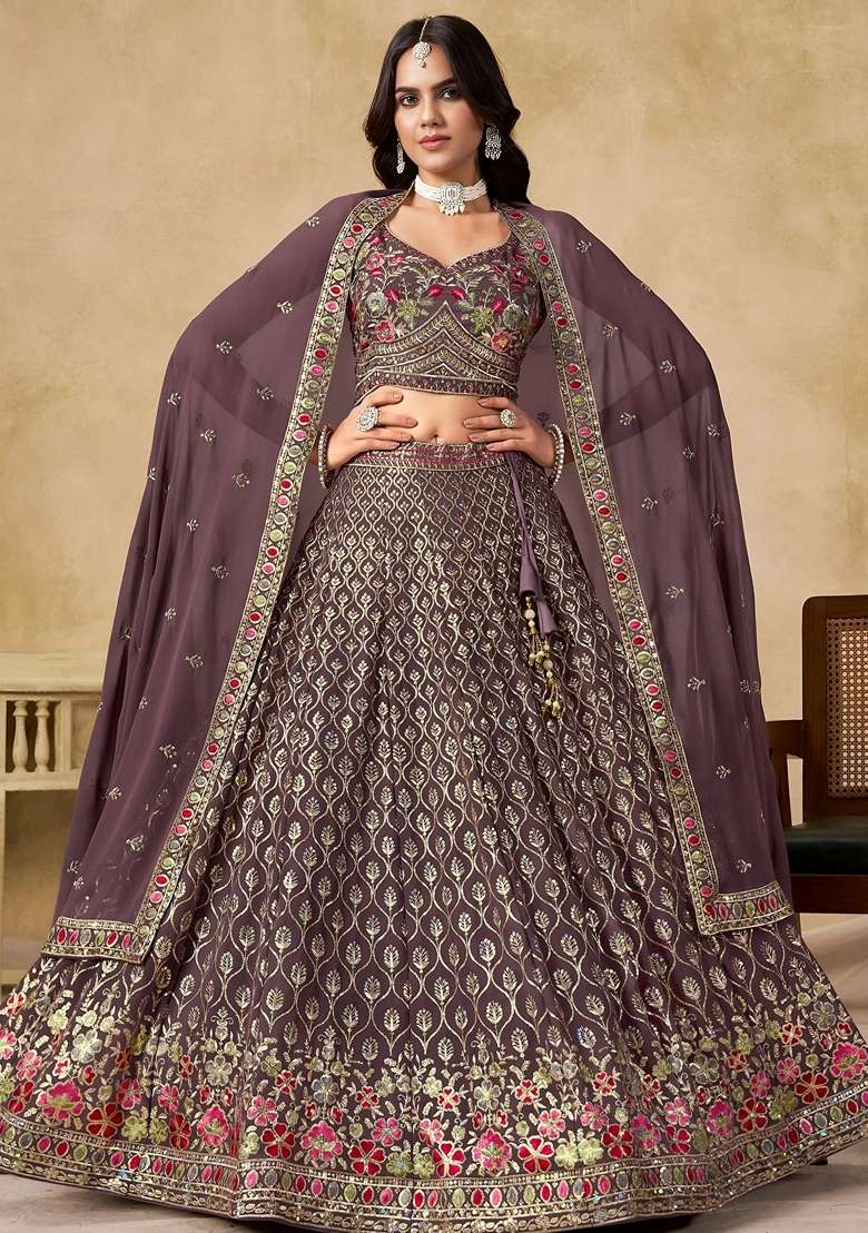 Purple Sequins Georgette Lehenga Set for Diwali and Festive Wear - Indya