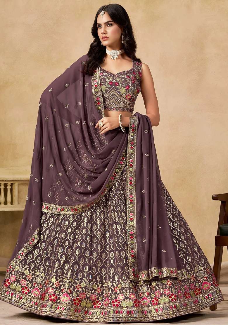 Purple Sequins Georgette Lehenga Set for Diwali and Festive Wear - Indya