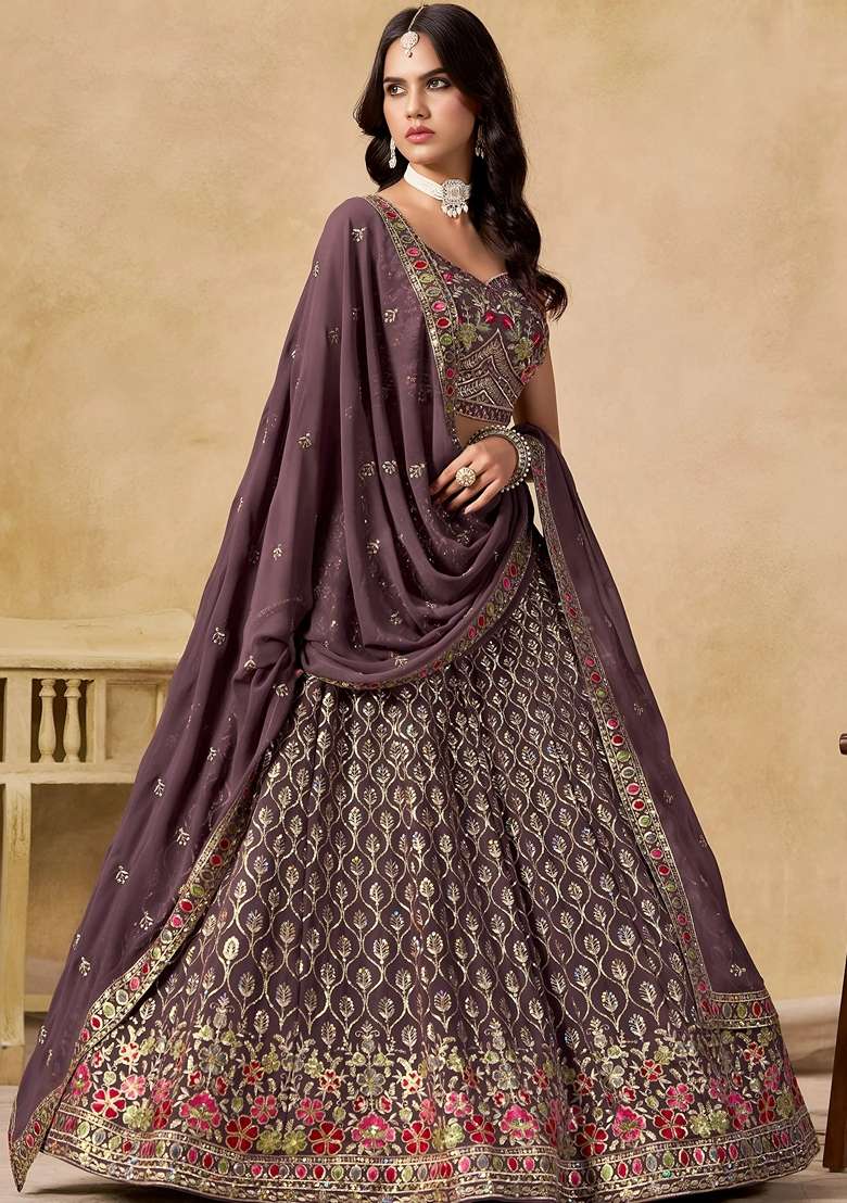 Purple Sequins Georgette Lehenga Set for Diwali and Festive Wear - Indya
