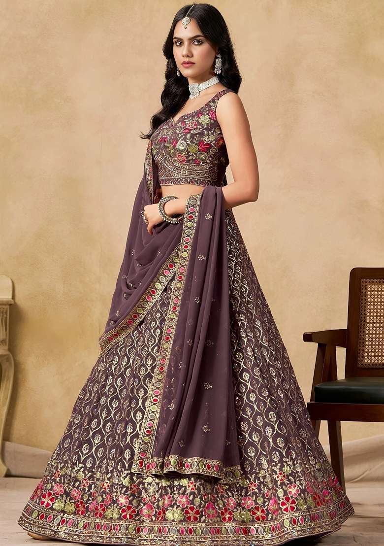 Purple Sequins Georgette Lehenga Set for Diwali and Festive Wear - Indya