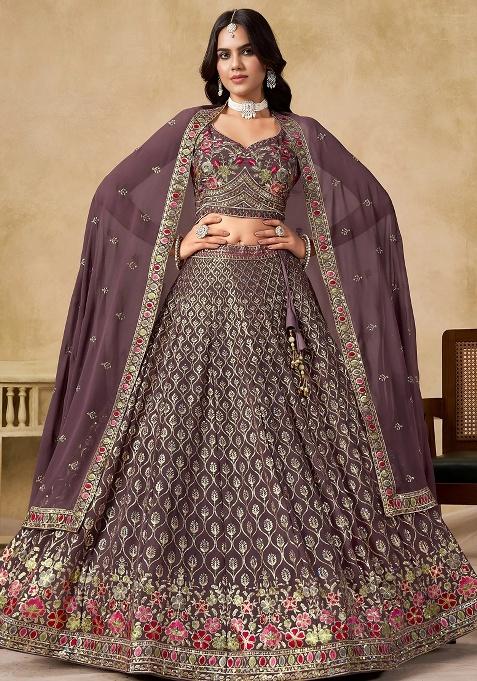 Purple Sequins Georgette Lehenga Set