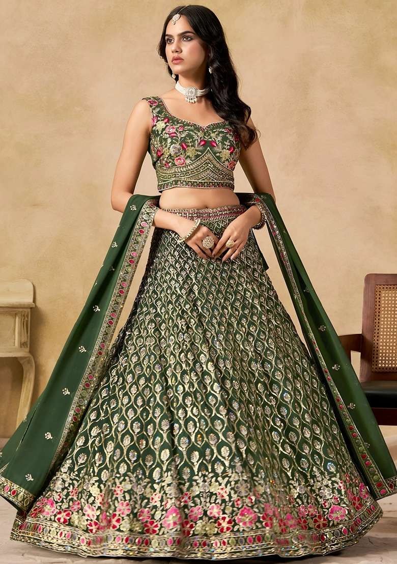 Green Sequins Georgette Lehenga Set for Diwali and Festive Wear - Indya