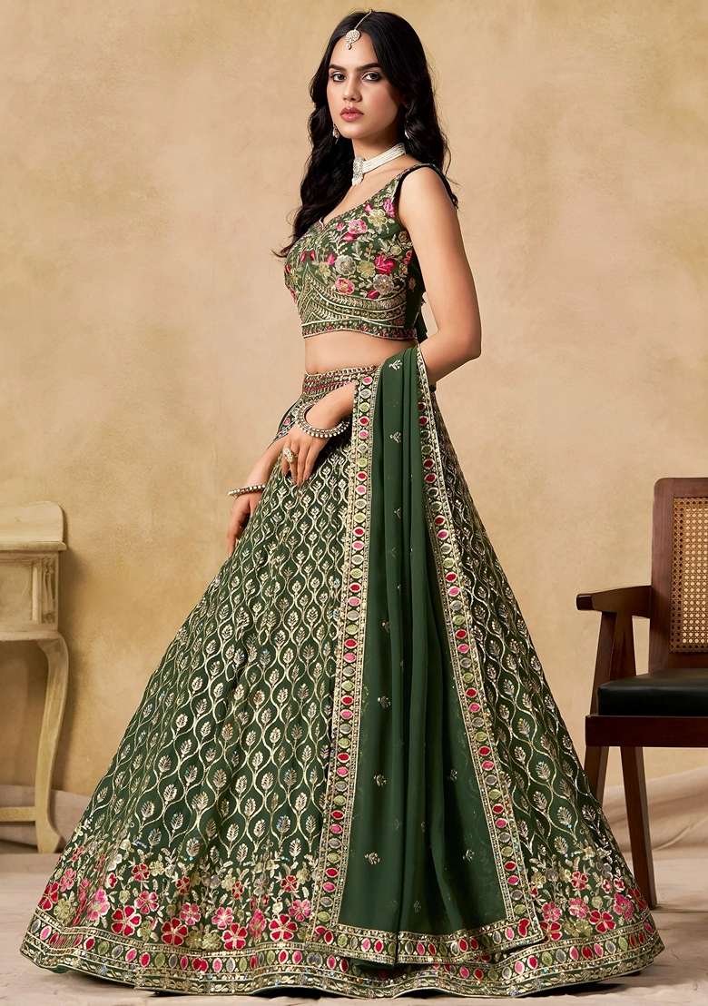 Green Sequins Georgette Lehenga Set for Diwali and Festive Wear - Indya