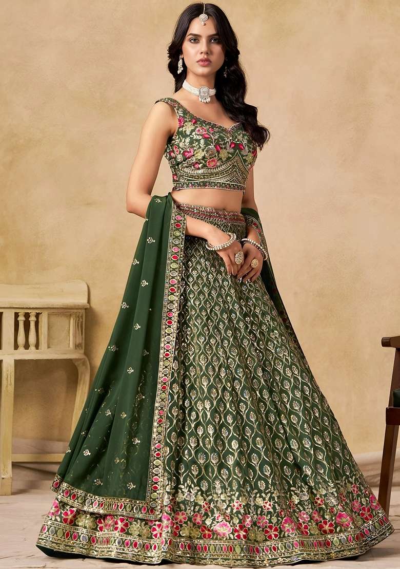 Green Sequins Georgette Lehenga Set for Diwali and Festive Wear - Indya