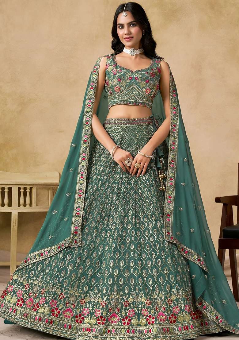 Green Sequins Georgette Lehenga Set for Diwali and Festive Wear - Indya