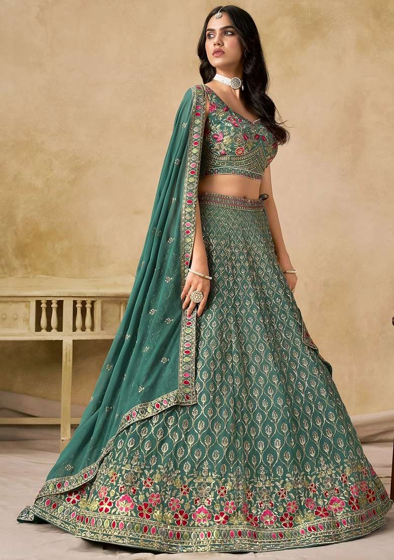 Green Sequins Georgette Lehenga Set for Diwali and Festive Wear - Indya