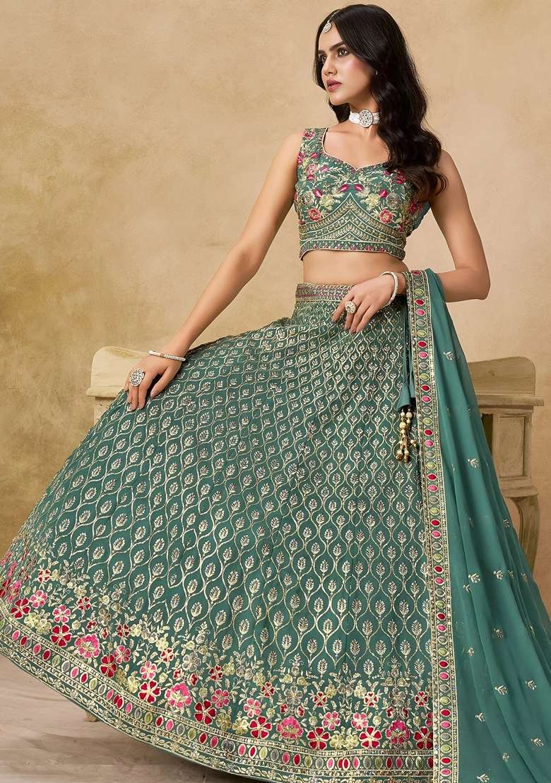 Green Sequins Georgette Lehenga Set for Diwali and Festive Wear - Indya