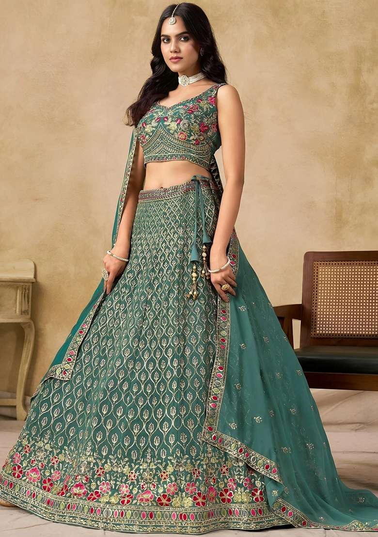 Green Sequins Georgette Lehenga Set for Diwali and Festive Wear - Indya