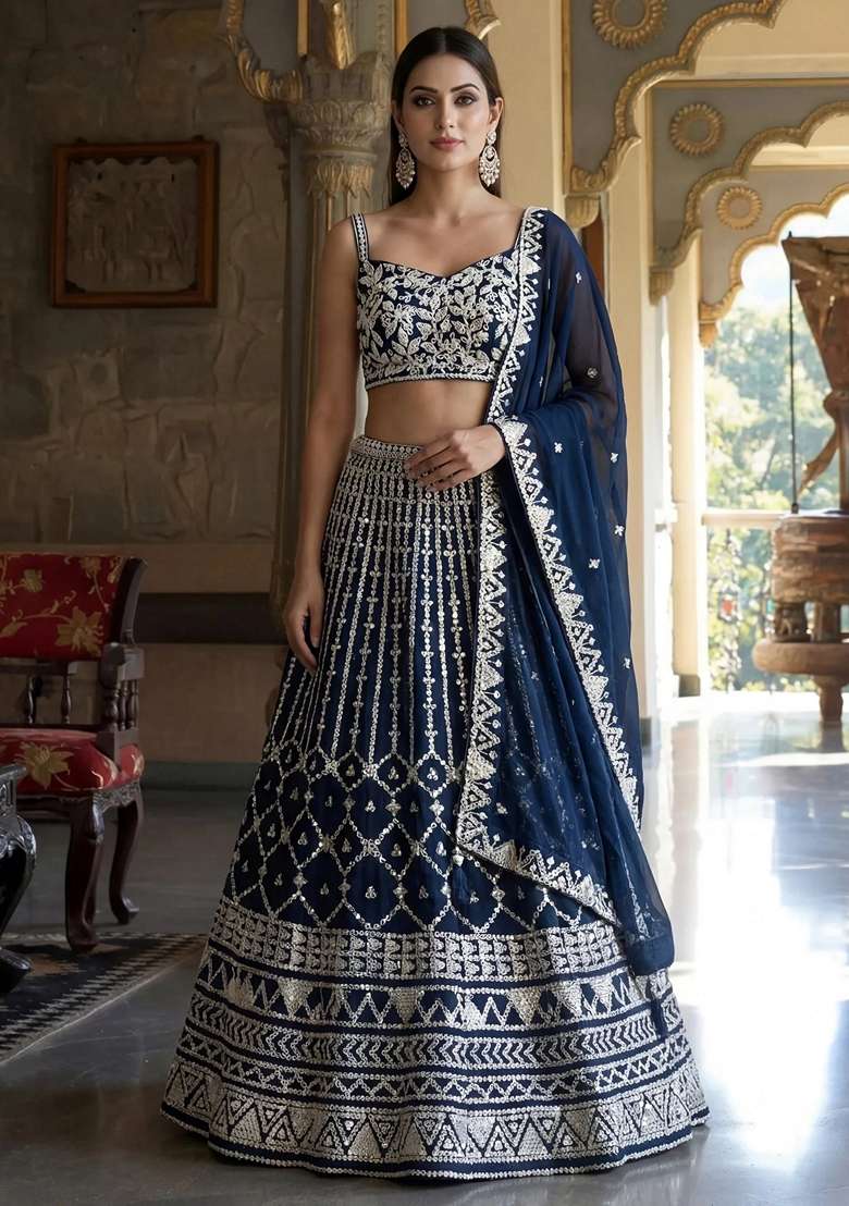 Blue Georgette Lehenga Set with Embroidery for Diwali | Wedding & Festive Wear - Indya