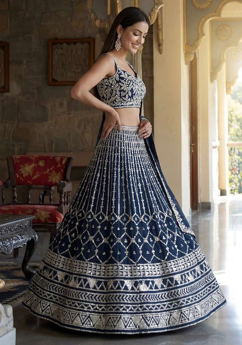 Blue Georgette Lehenga Set with Embroidery for Diwali | Wedding & Festive Wear - Indya